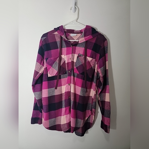 Columbia Women's Pink Black Plaid W/ Hood & Pockets Button Up Top, XL - Picture 1 of 10